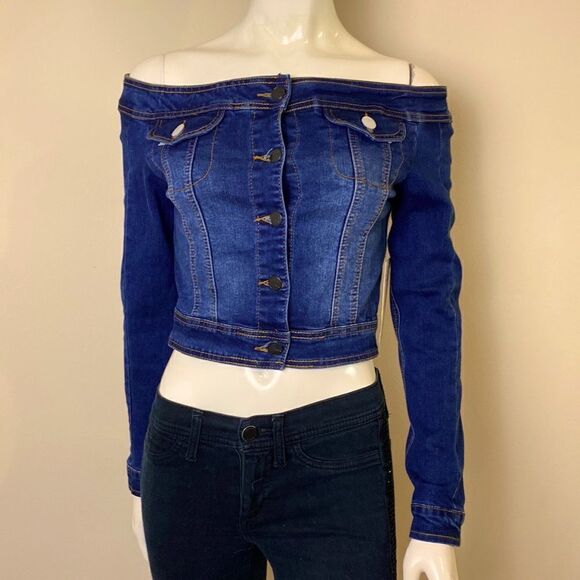 Denim Jacket Off the shoulder crop top jacket small - Picture 3 of 9